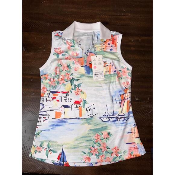 Walter Hagen- XS Sleeveless Polo Floral Nautical Print White Collar VNeck Resort - Picture 1 of 3